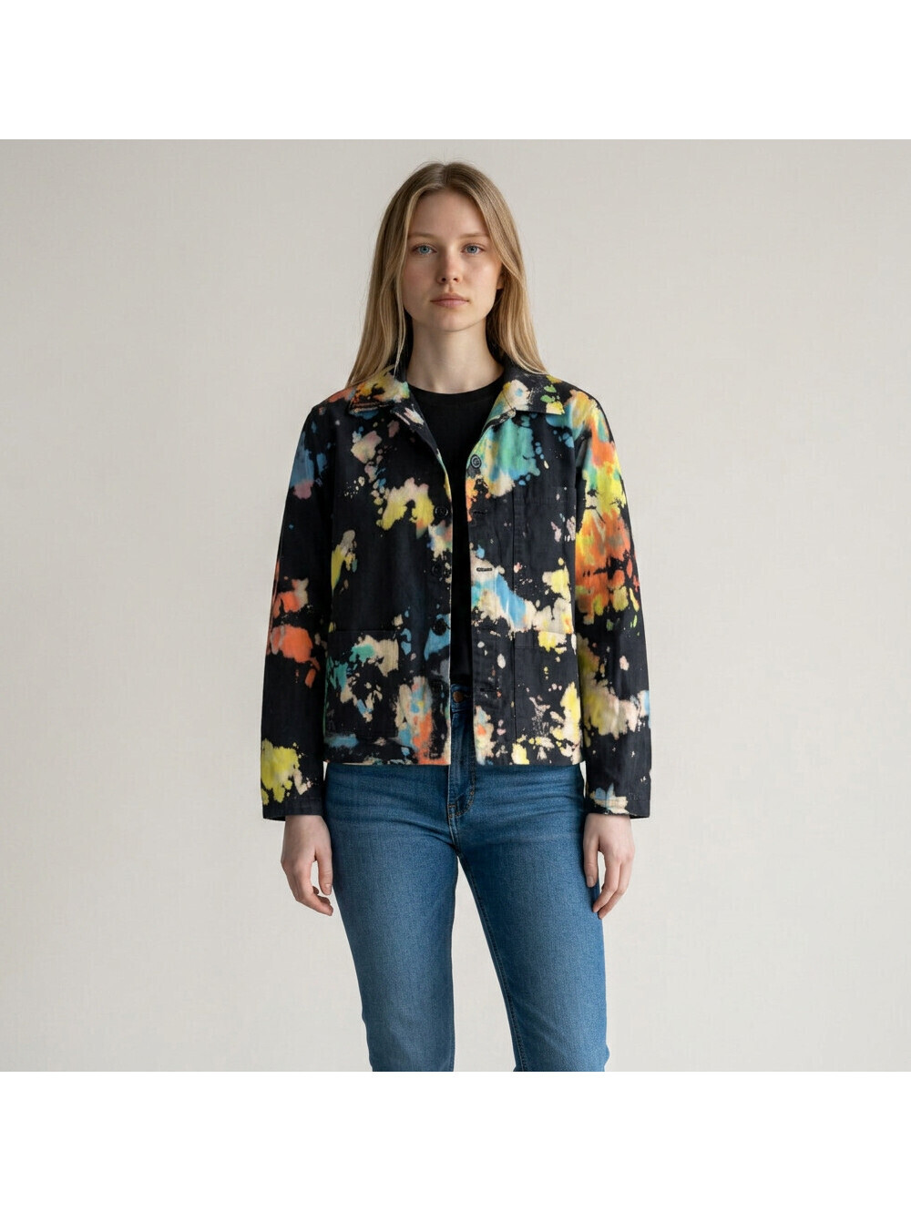 Unbranded Jacket Women 2XS Black Tie Dye Button Up Collared Long Sleeve Pockets